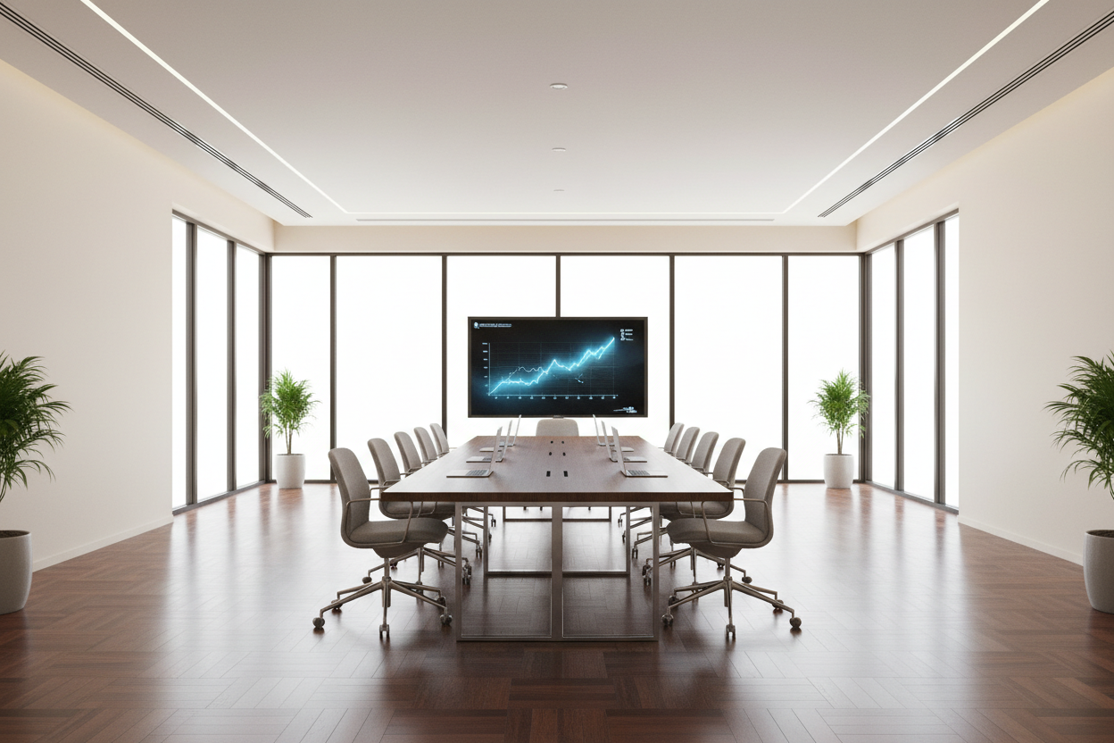 Generate a banner image suitable for a premium online store, but with natural lighting ikn this format 1420 x 180px. Feature a photorealistic "Luxury" vibe of a modern architetural high end light and welcomign relaxing big office room with a dark wood parwut flooring with cream walls and a meerting tabke with laptos on it and an interacrtive baord as the clear focus.